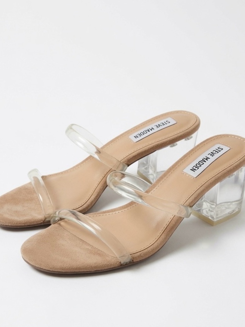 Steve Madden Nude Suede Footbed Clear Strap Block Lucite Heel Sandals